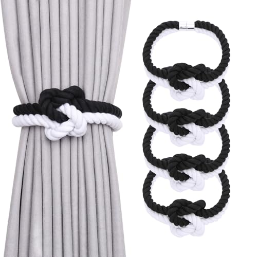 NICEEC Cotton Rope Magnetic Curtain Tiebacks, 4 Pack, Black & White - color: Black & White, size: 4 Pack