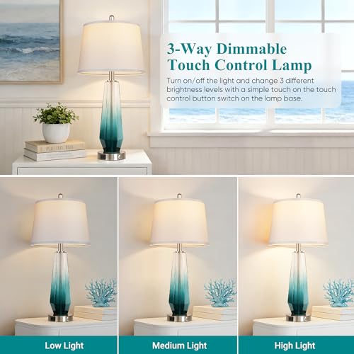 QiMH Glass Table lamps for living room, Modern Bedside Lamps for Bedrooms,27.5" Tall Nightstand Lamps Set of 2 with 3-Way Dimmable Touch Control, White Linen Shade,USB A/C Charging Ports,Gradient Teal - color: Teal 2