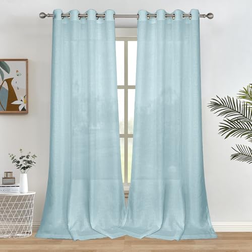 Melodieux Blue Semi Sheer Curtains 63 Inch Length for Living Room Bedroom Flax Linen Grommet Voile Drapes, 52 by 63 Inch (2 Panels) - color: Blue, size: 52"W x 63"L (Pack of 2)