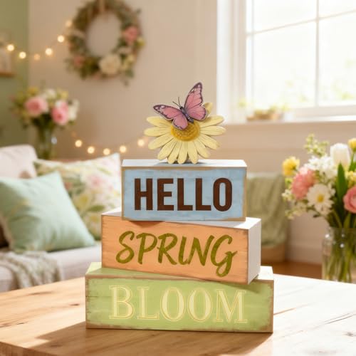 Spring Decoration Wooden Tiered Tray Decor – Rustic Hello Spring Bloom Stacked Block Sign with Butterfly Daisy Topper – Farmhouse Tabletop Spring Decor for Living Room Shelf Kitchen Coffee Bar Seasonal Home Display - style: Butterfly