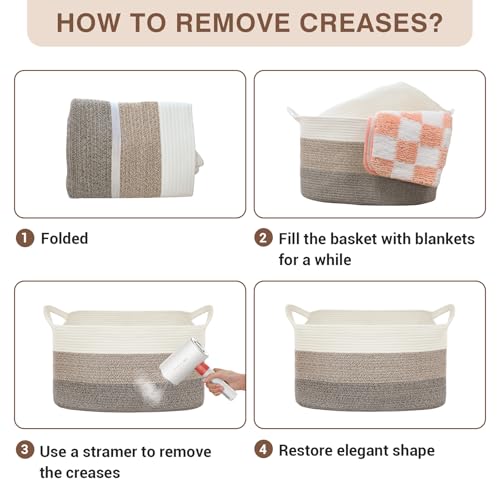 YOUDENOVA Large Blanket Basket, Rectangle Cotton Rope Storage Baske - color: White+Light Brown+Dark Brown