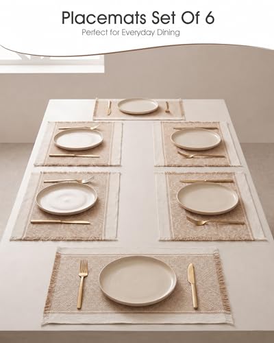 Placemats Set of 6, 13.8 x 17.7 Inch, Polyester, Jacquard Woven - color: Polyester-13.8 X 17.7inch-natural Beige