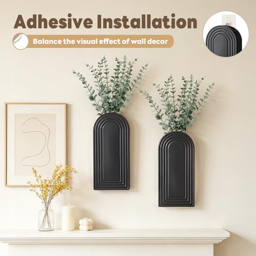 Wooden Wall Vase with 20 Eucalyptus, 2 Mount Options, Black, 2 Pcs - color: Black