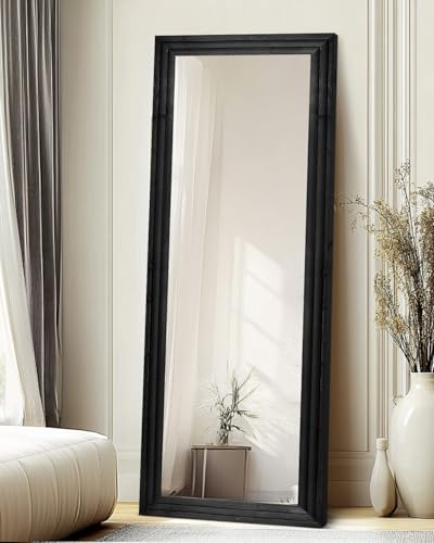 65x24in Full Length Mirror, 3-Tier Stepped Solid Wood Frame, Black - color: Black, size: 65"L x 24"W
