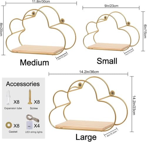 Golden Cloud Shape Floating Shelves with LED Lights Wall Decor,Gold Metal Wire and Wood Base Wall Mounted Shelf Decorations for Home Bedroom Living Room - Set of 3