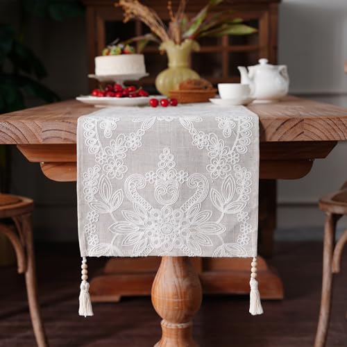 Embroidered Table Runner Boho Farmhouse Dresser Scarf, 14" x 38" - color: Beige a, size: 14 x 38 Inches