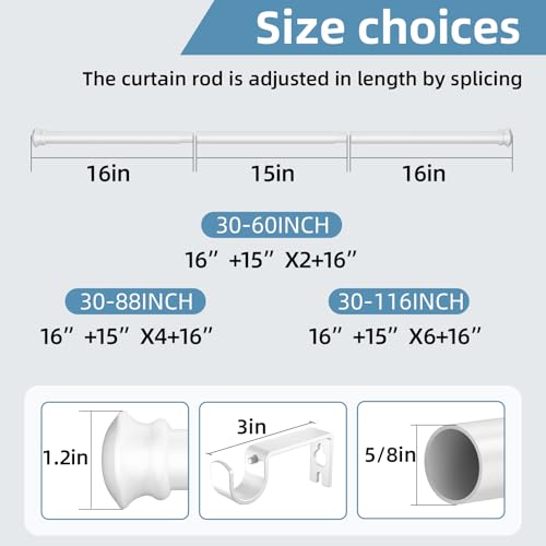 CorkLatta White Curtain Rods for Windows 30 to 88 Inches with Brackets,Decorative 5/8 Inch Diameter Single Window Curtain Rod Set for Bedroom, Room Divider, Living Room, Kitchen, Bathroom - color: White, size: 30-88"