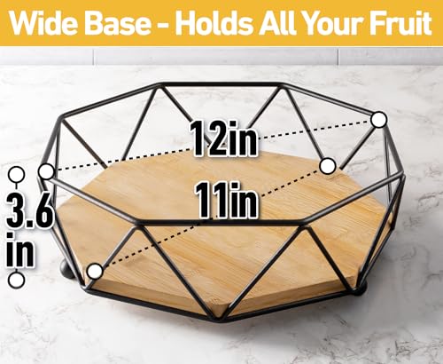 Fruit Bowl for Kitchen Counter, 12"W Metal & Wood Stylish Modern Fruit Bowl | 12" Width, Durable Powder Coated Matte Black Iron, Sturdy and Wide Bamboo Base, Geometric Design, Open and Breathable Bowl