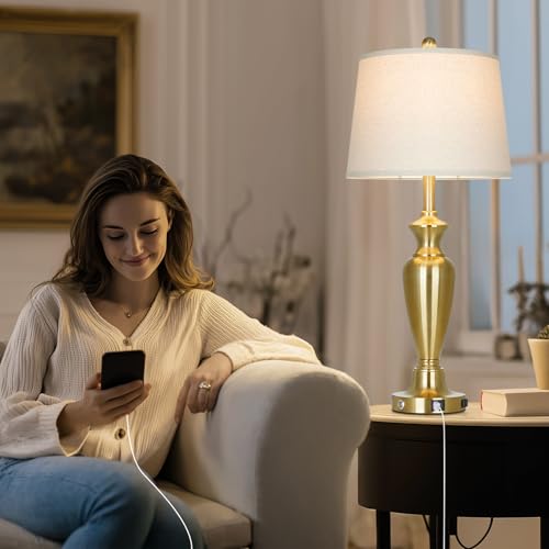 Gold Table Lamp for Living Room Single, 30″ Tall Touch Control Bedside Lamp for Nightstand, 3-Way Dimmable Bedroom Lamp with USB A+C Ports and AC Outlet (1 Pack) - color: Gold - 30"H - 1 Pack