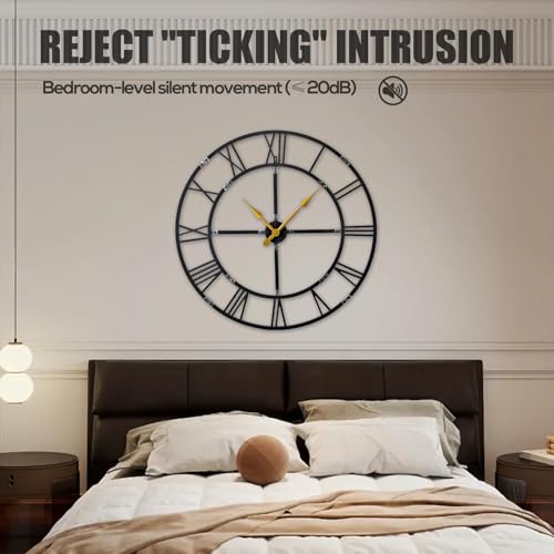 32 Inch Large Silent Wall Clock, Easy Assembly Roman Numeral Black - color: Black Metal Wall Clock, size: 32inch