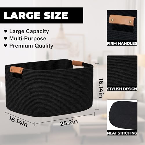 danpinera Large Woven Basket, 108 L Blanket Basket for Living Room, Nursery Bin for Toys Organizing & Laundry, Cotton Rope Hamper with Leather Handle, 25’’*16’’*16’’ Black - color: Black, size: 108L