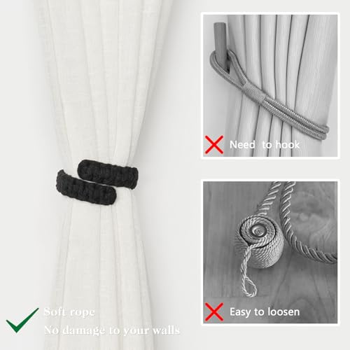 NICEEC 2 Pack Natural Cotton Rope Curtain Tiebacks Farmhouse Rustic Style Decorative Drape Tie Backs Handmade Braided Curtain Holdbacks for Home & Office Sheer/Light Weight Drapery (C-Black-S) - color: Black-small, size: 2 Pack