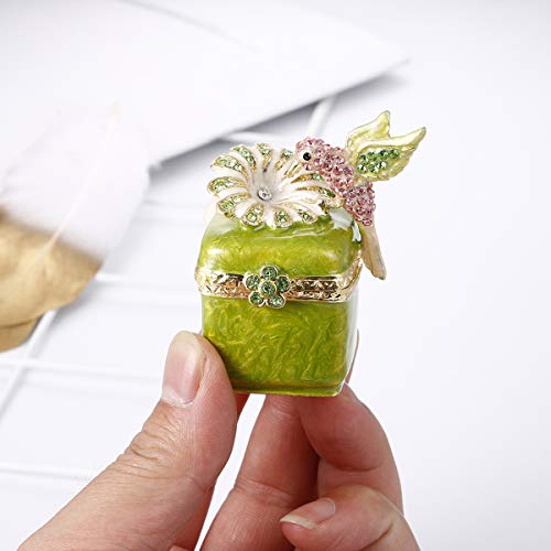 Hand Painted Enamel Hinged Trinket Box, Unique Mini Ring Necklace Jewelry Organizer, Classical Antique Bejeweled Storage, Figurine Collectible Keepsake Home Decor (Hummingbird on Box)