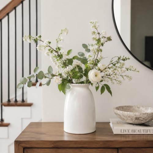 White Ceramic Vase for Flowers Modern Minimalist Table Centerpiece, Round Smooth Flower Holder for Living Room, Shelf, Mantel, Wedding & Home Decor-8.3" H - color: White-8.5inch