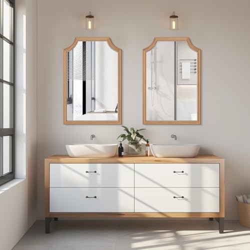 WallBeyond Scalloped Wood Mirror for Small Bathroom Vanity 20x30 Inch Rectangle Wall Mirror Decor for Hallway Bedroom Living Room Home (Honey-Colored) - color: Dark Natural G, size: 30"L x 20"W