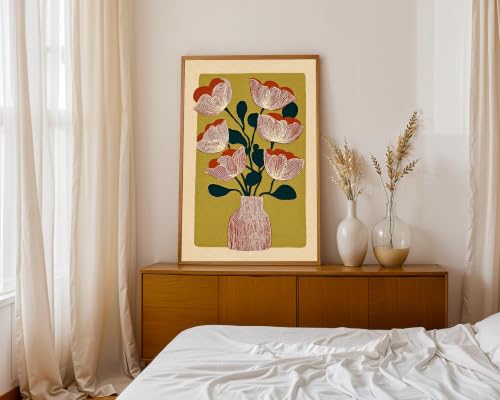 Abstract Floral Wall Art Red Stripes Vase Wall Art 16x24 inch Unframed - color: Red flower, size: 16L" x 24W"