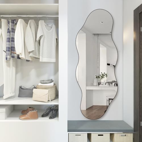 QDSSDECO 63" x 24" Full Length Mirror Irregular Wavy Mirror, Frameless - color: Cloud-2