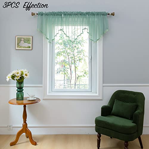 PearAge Beaded Sheer Valance Curtains for Living Room,Rod Pocket Farmhouse Window Valance, Bead Trim Tassel Voile Sheer Curtain Valance for Bedroom Bathroom Cafe 51x24 Inches (Mineral Blue) 1PC - color: Mineral Blue