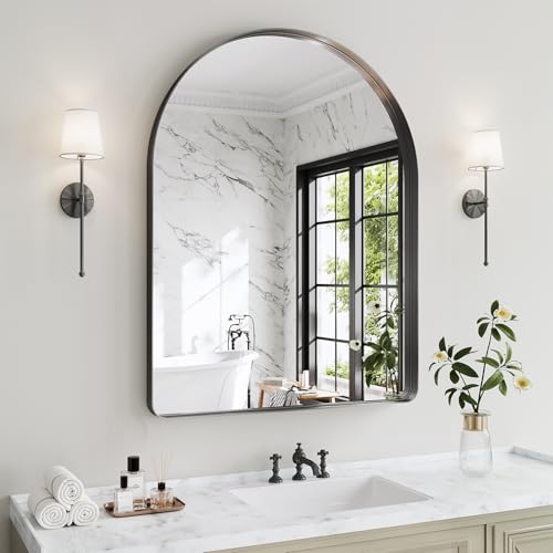 40"x36" Black Arched Mirror, Arched Wall Mirror with Metal Frame, Wall Mounted Large Arched Mirror for Living Room, Restroom, Entryway, Tempered Glass, Modern Home Decor - color: Black-rounded Corner, size: 40"L x 36"W