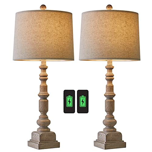 Oneach 27.75" Farmhouse Table Lamps Set of 2 for Living Room, Dual USB Port - color: Antique Beige
