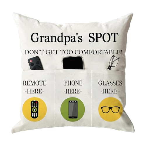 ONFAON Grandpa Gifts,Grandpa's Spot Throw Pillow Covers 18x18 Inch,Put Phone Glasses and Remote Control Pillowcase,Birthday Christmas Thanksgiving Day Gifts for Grandpa Stepdad,3-Pocket - color: Grandpa 3-pocket