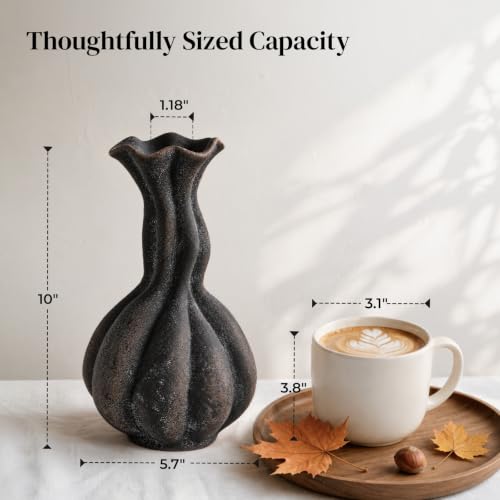 DOWAN Ceramic Flower Vase, Decorative Pampas Vase for Home Decor, Modern Farmhouse Pottery Vase for Living Room Table Kitchen Bedroom Coffee Desk Entryway Mantel Book Shelf (Black, 10 INCH) - color: Black, size: 10 INCH