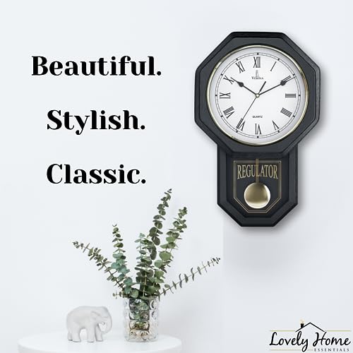Pendulum Wall Clock, Real Wood Regulator Clock, Black, Quiet Non-Chiming - color: Black
