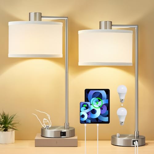 Silver Table Lamp Set of 2, Dimmable Bedside Lamps for Night Stand, USB A+C - color: Silver