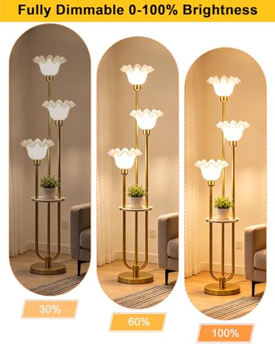 Lightdot Flower Floor Lamp for Living Room Dimmable Vintage Floor Lamp with Shelf& Bulbs Included Mid Century Gold Floral Standing Tall Lamp with 5Lbs Heavy Base for Bedroom/Sofa Beside/Corner Decor - color: 3 Flower-Gold Shelf