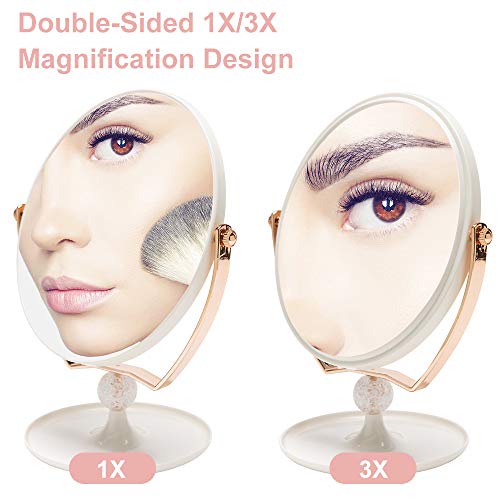 YEAKE Magnifying Makeup Vanity Mirror,ABS Plastic Double Sided 3X Magnification 360°Swivel Beauty Make Up Mirror Cosmetic Table Desk Mirror 8" Oval - color: White & Rose(1/3x Magnifying Makeup Mirror)