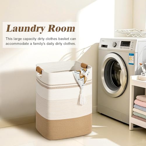 Laundry Hamper, 95L Tall Laundry Basket with Leather Handles, Rectangle Large Clothes Hamper for Organizing, Cotton Woven Laundry Baskets Storage Hampers for Bedroom, Nursery, Living Room - color: Jute & White, size: 95L