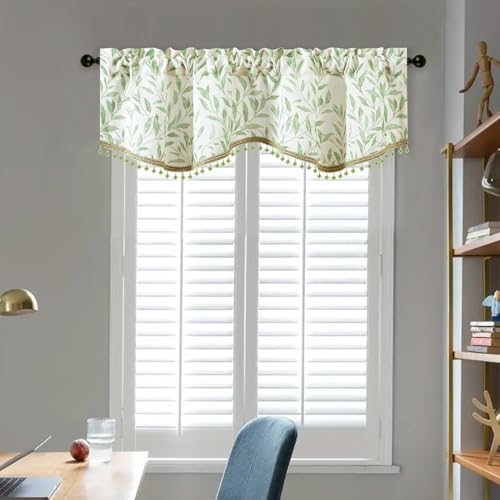 VOGOL Leaf Print Scalloped Window Valance, Beaded Trim, Green, 52 x 16 - color: Green, size: 52"W x 16"L (Pack of 1)