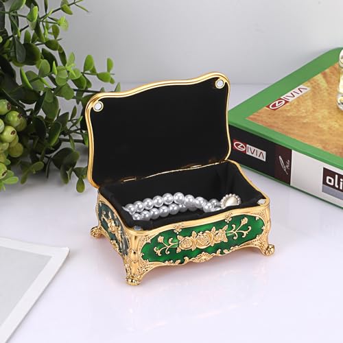 Hipiwe Vintage Metal Jewelry Box Green Treasure Box with Gold Rose Pattern - color: Grren, size: Small
