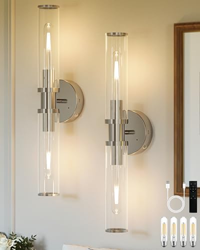 Rayogale Nickel Wireless Battery Operated Wall Sconces with Remote Control - color: Nickel(Clear Tubular Lampshade)