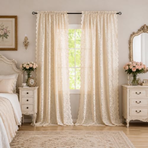 ALIGOGO Beige Lace Curtains 84 Inches Long 2 Panels - color: Beige, size: 52"W x 84"L (Pack of 2)