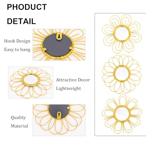 Gold Mirrors 3 Piece, 9 inch Flower-Indoor Shaped Mirror Hanging Wall Decor - color: Golden-d