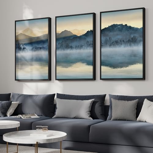 Framed Watercolor Mountain Landscape Wall Art for Living Room, 24x36 Inch - color: Blue Gold, size: 24" W x 36" H x 3Pcs