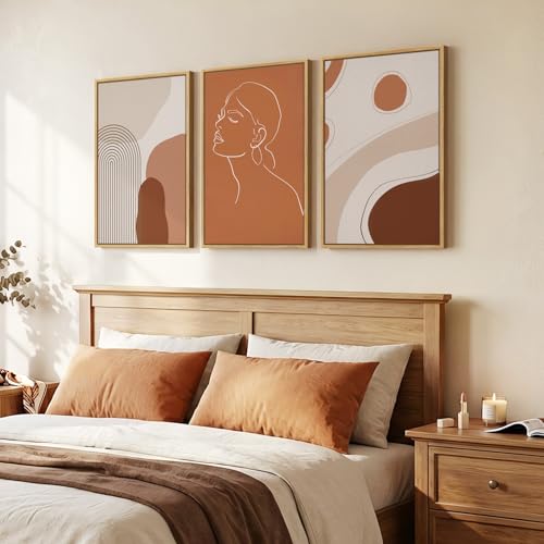Framed Mid Century Modern Boho Abstract Wall Art for Living Room, 16x24 In - color: Brown, size: 24" H x 16" W x 3Pcs