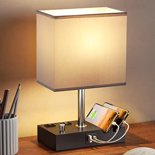 Grey Table Lamp for Bedroom - Stepless Dimmable, USB C+A, 2 AC Outlets - color: Misty Grey with Knob Switch, size: 1 Pack