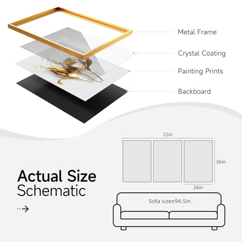 Large Framed Modern Luxury Gold Wall Art for Living Room, 3 Piece 24x36 In - color: Golden Flower Leaves, size: 24" W x 36" H x 3 pieces