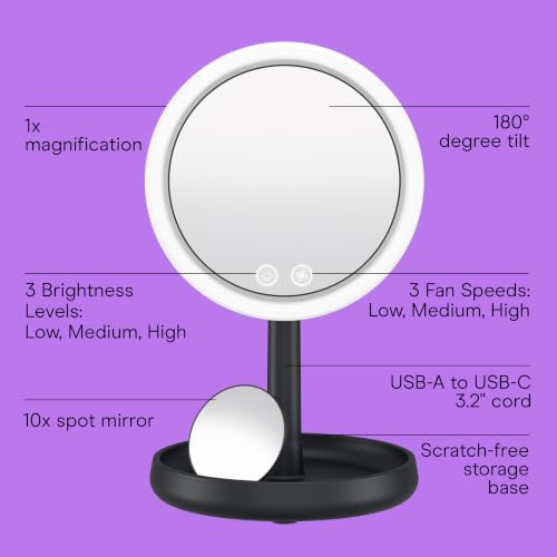 Conair CoolGlow Lighted Fan Mirror – Lighted Makeup Mirror with Magnification & Cooling Fan, 1x & 10x Magnifying Mirror with Light, 3 Brightness Levels, Makeup Mirror, 180° Tilt, USB C Corded, Black - color: Black