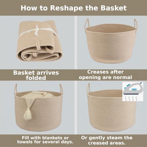 XUANGUO 66L Large Blanket Basket, Round Cotton Rope Basket, Oatmeal - color: Oatmeal
