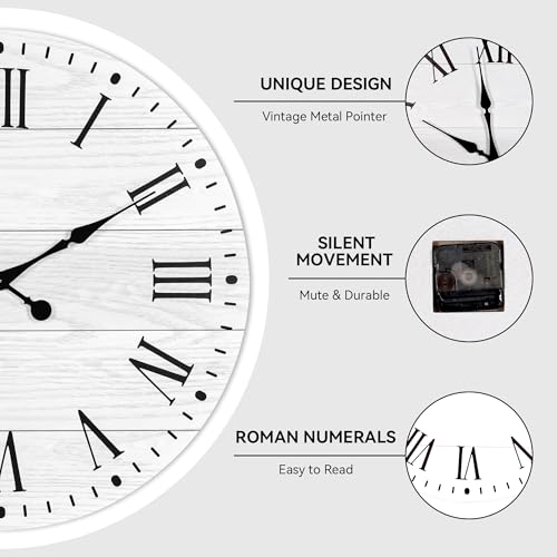 Large Wall Clock with Roman Numeral, 35.5” Shiplap Farmhouse Hanging Clock - color: White, size: 35.5 Inch