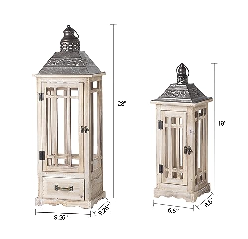 TIMRIS Large Rustic Wooden Metal Decorative Lantern Set of 2, Modern Farmhouse Floor Candle Lanterns with Drawer, Indoor/Outdoor Hanging Lanterns for Home Decor (No Glass) - color: Whitewash With Drawer