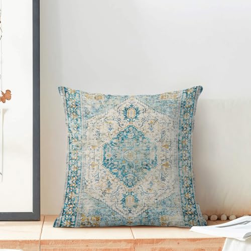 Boho Pillow Covers 18x18 Set of 2, Bohemian Carpet Pattern Blue Yellow Decorative Throw Pillows Vintage Farmhouse Outdoor Farmhouse Pillows for Sofa Couch Bedroom Decor - color: Blue Yellow, size: 18" x 18" (Pack of 2)