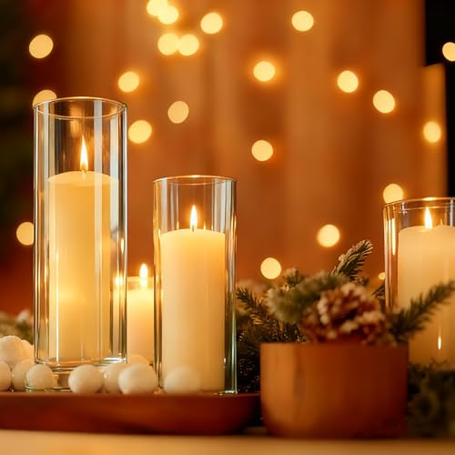 UDU 24 PCS White Pillar Candles with Glass Cylinder Vases Hurricane Glass Candle Holders for Pillar Candles Cylinder Vases for Centerpieces Wedding Table Party Home Decor - size: 2.6" X 4.7", 6", 8"