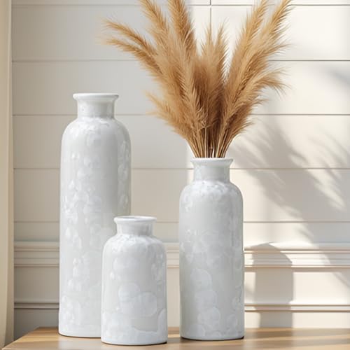 Modern Ceramic Vase Set of 3, White Crystalline Glaze Colors, Decorative Bottles for Home, Farmhouse Rustic Decor Housewarming Gifts, Wedding Gifts, Birthday Gifts for Women(Crystalline Glaze White) - color: Crystalline Glaze White