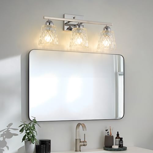 Mecgirn Stainless Steel Bathroom Vanity Light Over Mirror, 3 Light Polished Chrome Bathroom Light Fixtures with Textured Glass Shades, Modern Vanity Lighting Wall Mount - color: Polished Chrome, size: 3 Light