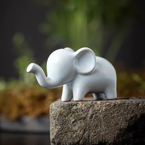 Good Luck Elephant Decor for Home, Ceramic Small Elephant Statue Figurine - color: White