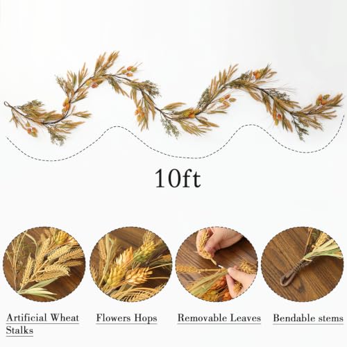 MIZII Fall Decor Beige 10 Feet Artificial Wheat Stalks Garland with Leaves Flowers Hops Hanging Vines Garlands Autumn Thanksgiving Harvest Decorations for Porch Mantle Fireplace Farmhouse (10ft,Beige) - color: 10ft,beige